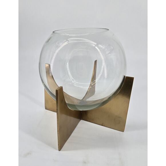 Mid Century Modern Modernist Abstract Art Brass Stand Glass Round Vase Bowl - Picture 1 of 13